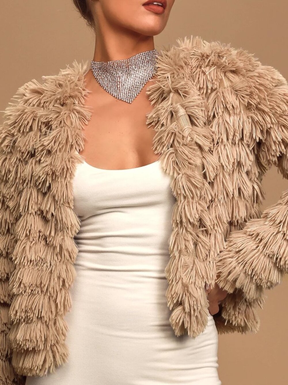 Prism Coffee Beige Faux Fur Fringe Jacket | Boho Chic Statement Outerwear